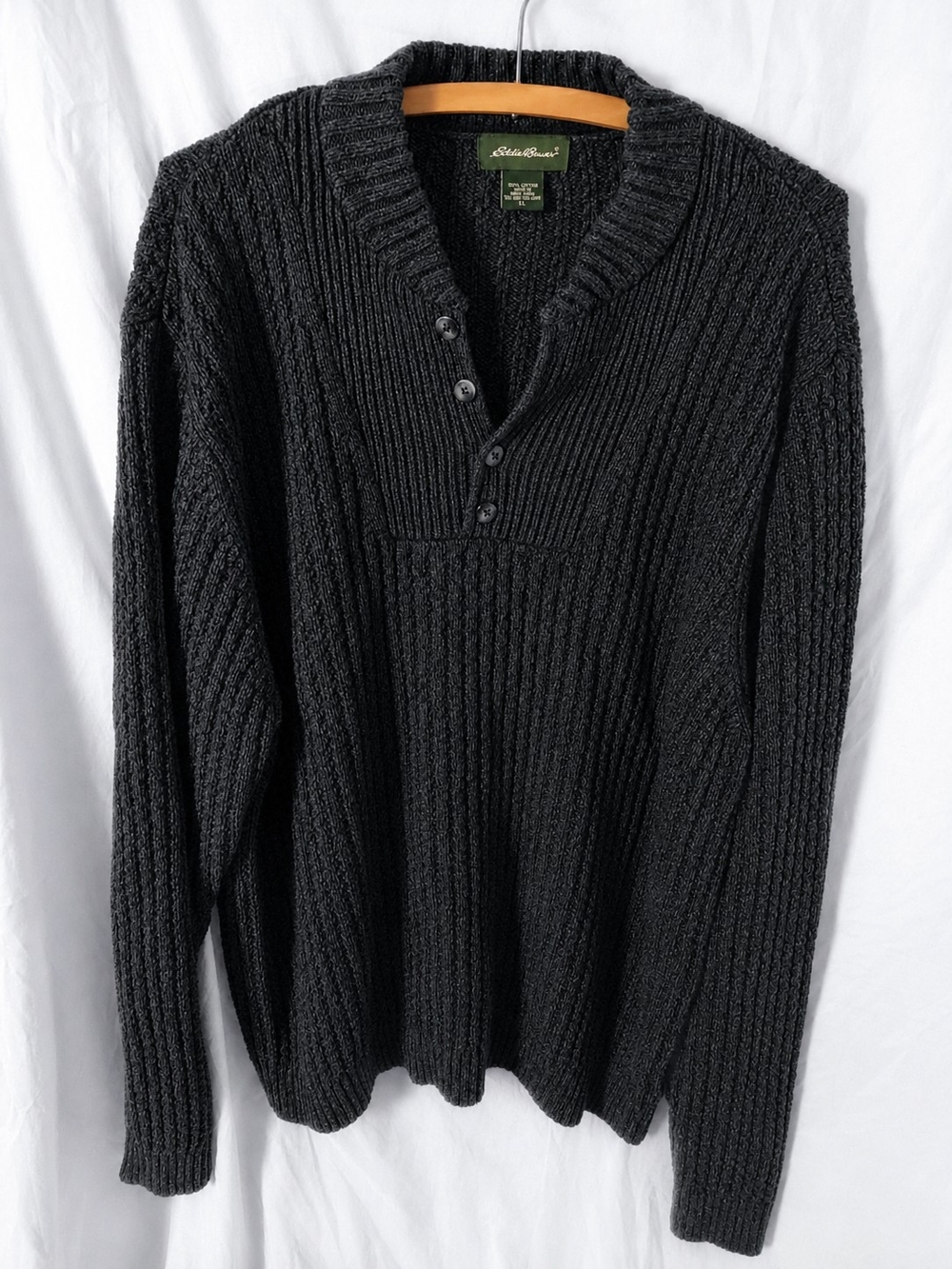 EDDIE BAUER 100% Cotton Men's XL Black Ribbed Henley Knit Sweater Heavy Textured - Picture 2 of 6